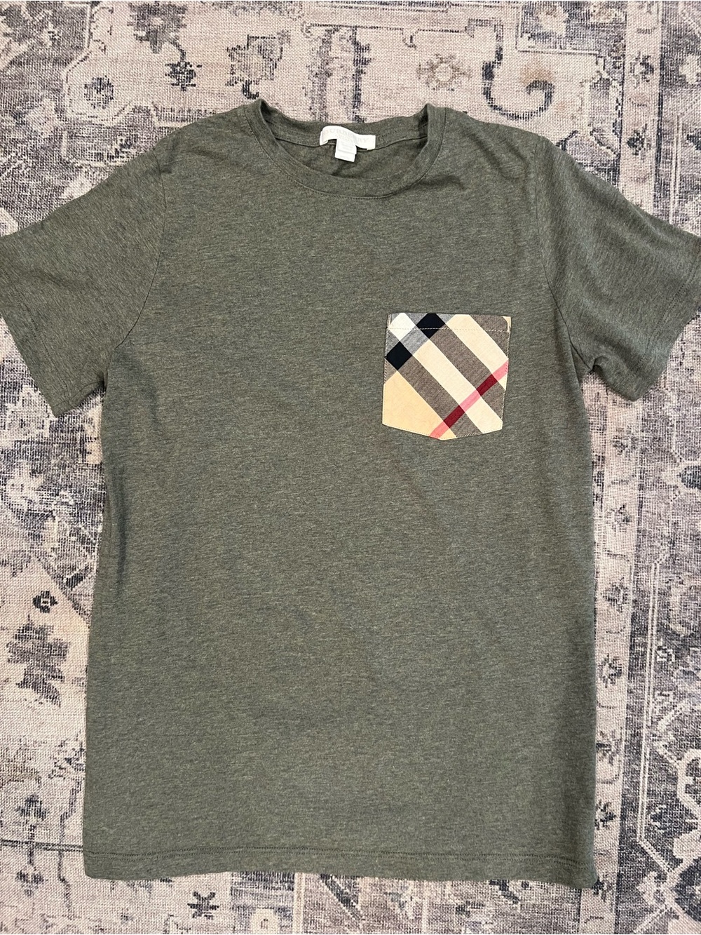Burberry Olive Green Short Sleeve Tee with Signature Plaid Pocket
